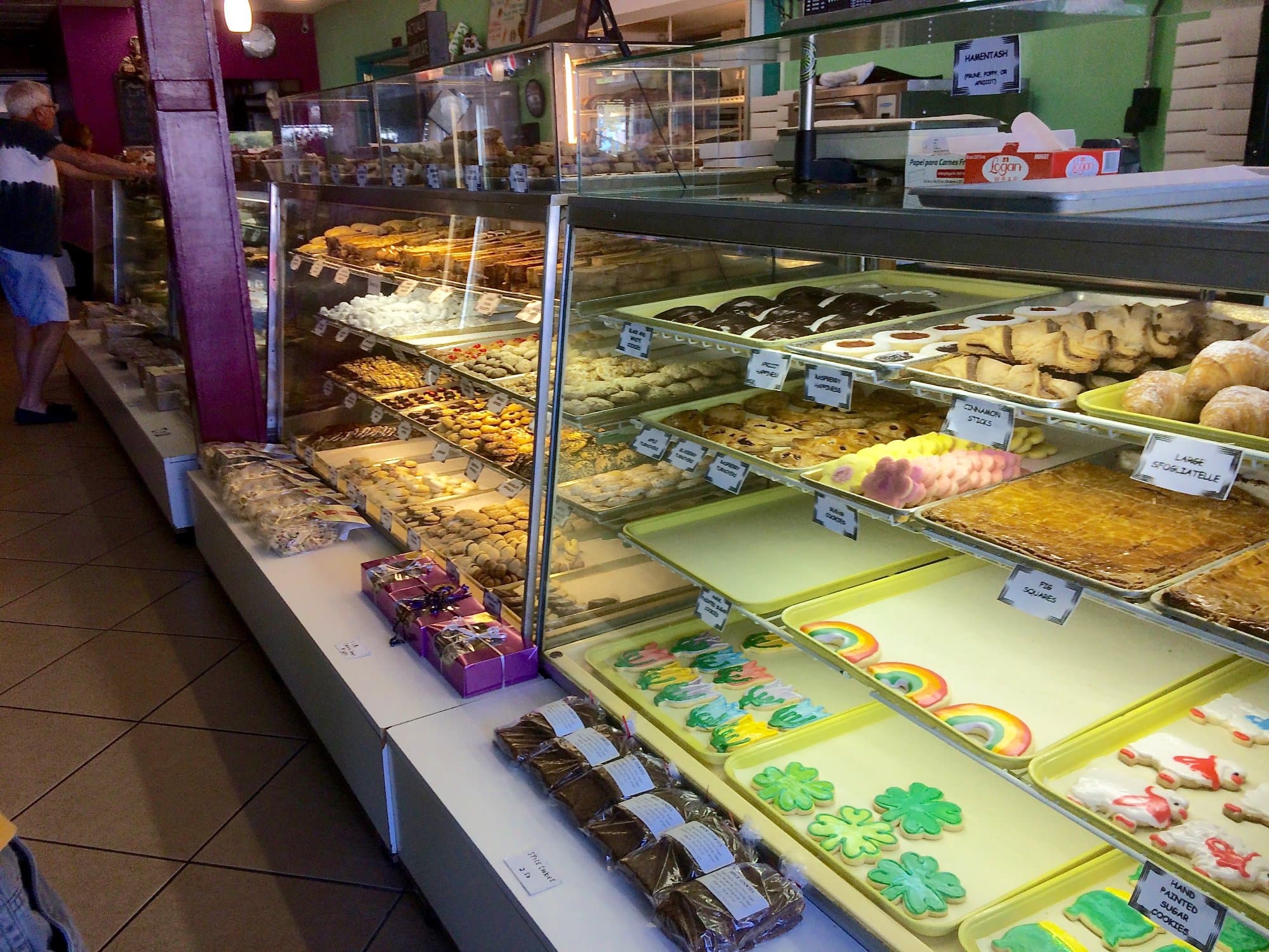 Inside the pastry case at Paisano's Italian Bakery